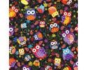 Various Sized and Coloured Owls in Trees on a Black Background
